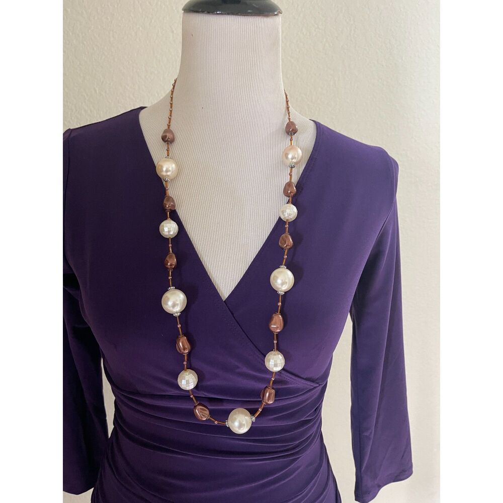 Long Chico's Faux Pearl, Amber Brown Bead and Seed Bead Boho Necklace 32" Long